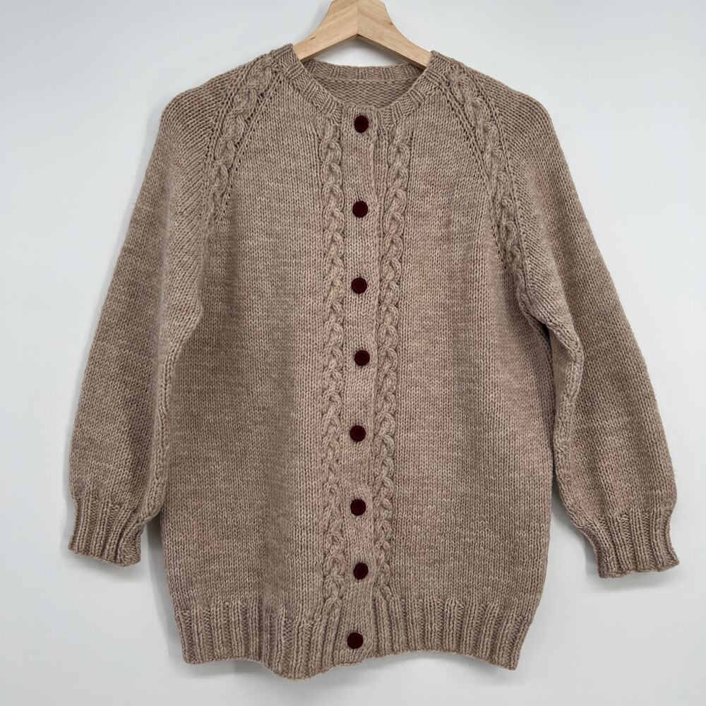 Handmade Wool Cardigan Sweater Womens M Natural Tan Burgundy Button Cable Knit